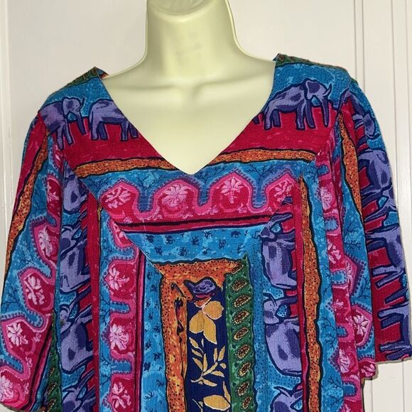 Sante V Neck Multicolored Multi Patterned House Lounge or Summer Rayon Dress - Picture 3 of 8